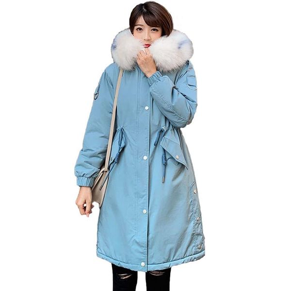 

women 2019 winter faux fur collar down parka coat thick warm cotton padded long jacket female hooded wadded parkas overcoat t30, Black