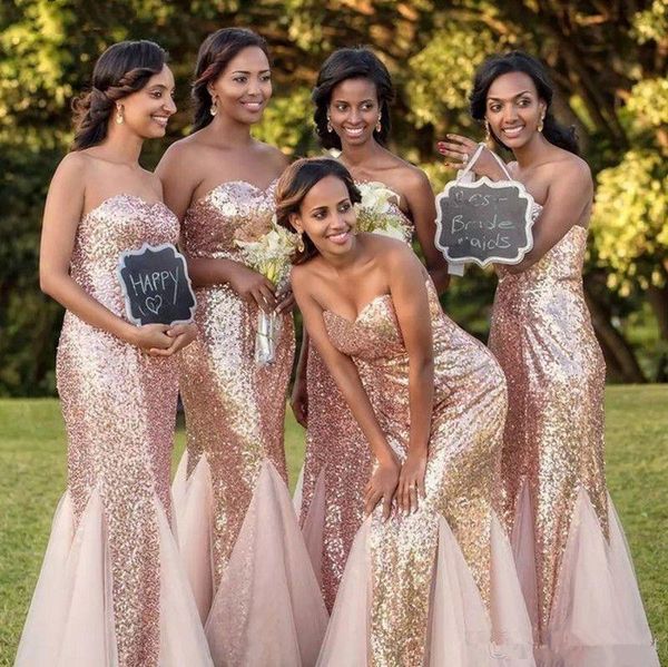 Rose Gold Sequin Bridesmaid платья длинные возлюбленные 2020 дешевые африканские свадьбы гостевые платье весна черная девушка вечеринка вечером платье Vestidos de