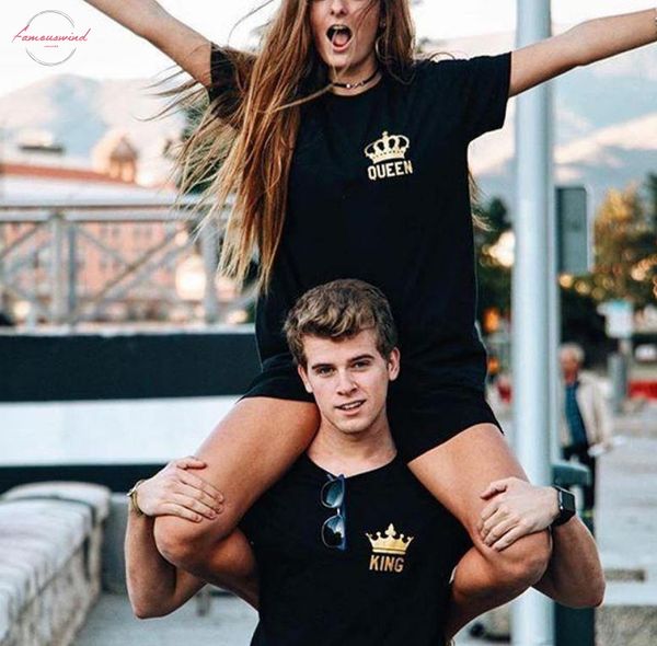 

king queen letter print t shirt couple short sleeve o neck loose tshirt 2019 summer women tee shirt camisetas mujer, White