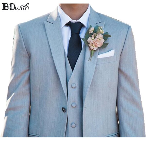 

light blue wedding men suit peaked collar slim fit 3 pieces jacket+pants+vest for wedding tuxedos formal suits custom made, White;black