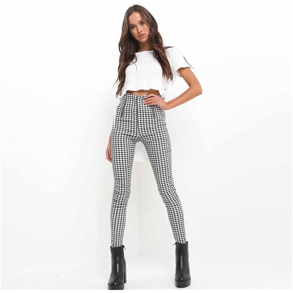 Compre Pantalones A Cuadros De Cintura Alta De Las Mujeres 2019 Primavera Otoño Elegante Señoras Ol Pantalones Para Mujer Pantalones Lápiz Elástico