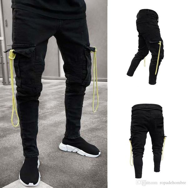 

new 19ss mens black ripped jeans yellow designer pockets pencil pants long trousers, Blue