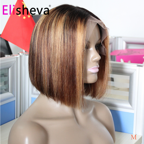 

short bob highlight straight lace front human hair wigs 13x6 peruvian glueless ombre honey blonde lace wig natural hair remy 150, Black;brown