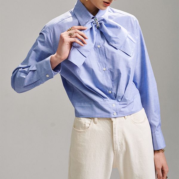 

2020 spring summer new diamond bow office lady slim shirt casual women's blouse long sleeve, White