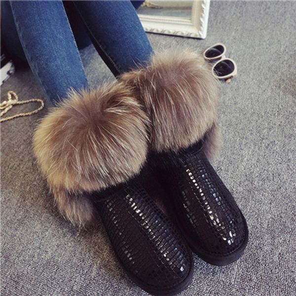 

2019 fashion 100% natural fur women snow boots genuine cowhide leather mujer botas female winter boots warm ankle, Black