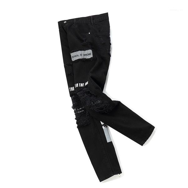 

сертифика карандаш брюки мужские джинсы черные разорвал печатных молния дизайнер приталенный fit, Blue