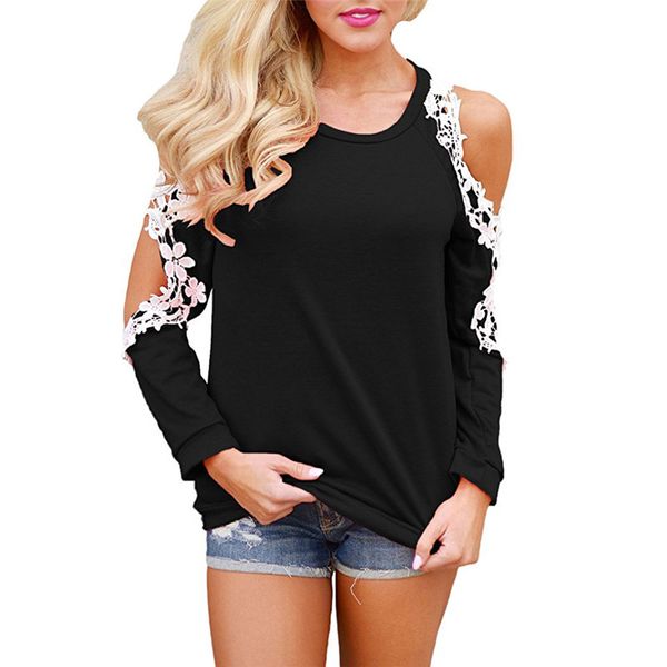 

2019 women long sleeve lace blouse causal loose solid tees off shoulder o-neck blouse shirt fashion, White