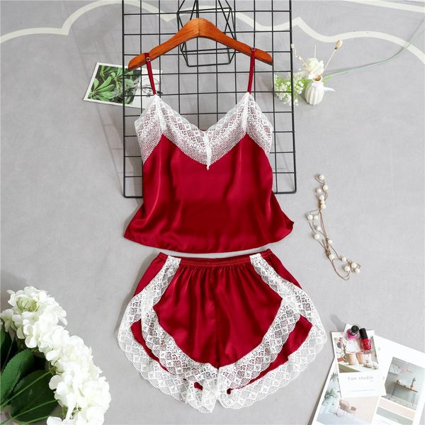 

female two piece set women sleepwear silk pajamas chest pad nightwear women 2018 summer lace homewear lingerie, Blue;gray