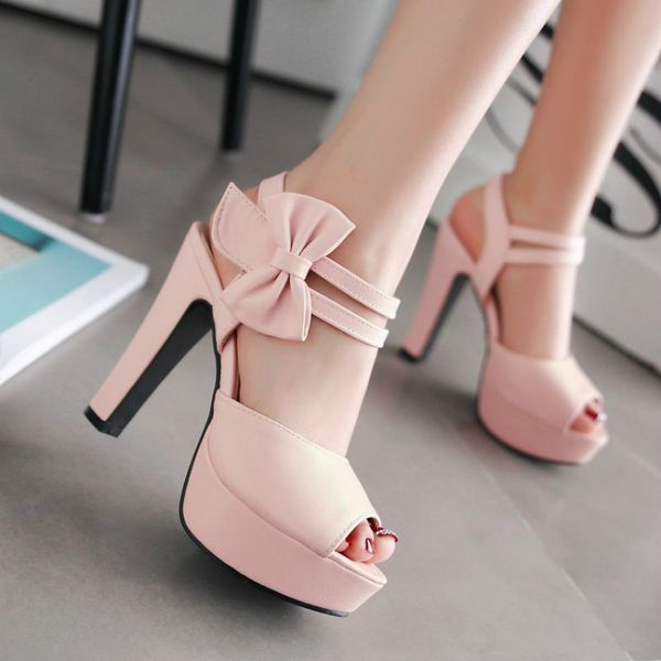 

high heel sandals shoes woman summer pumps shoes fish toe 2020 ankle bow female fashion heels sandals sweet pink, Black