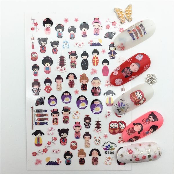 

ultra-thin back glue lucky cat kimono doll russian doll nail sticker nail decal r161-168, Black