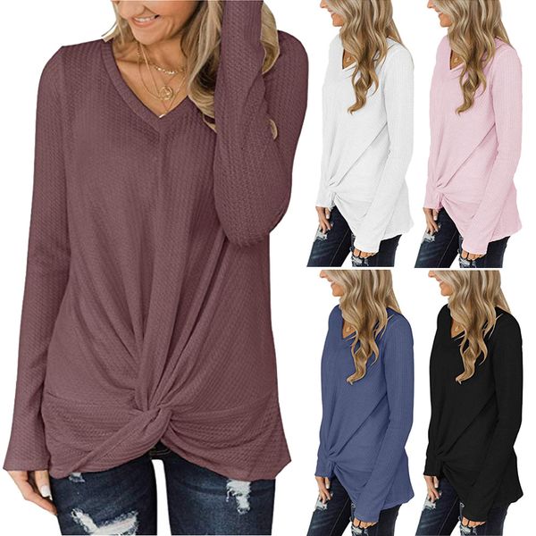 

женская дизайнерская осенняя верхняя v-образным вырезом с длинным рукавом twist knot t-shirt now, White