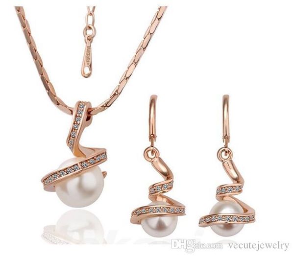 

whole sale price 18k gold plated white simulated pealr necklace earrings jewelry sets for women made with swarovski elements wedding sets, Silver