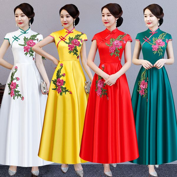 

green women long embroidery cheongsam party dress wedding banquet vintage qipao elegant slim gown marriage prom vestido s-3xl, Red