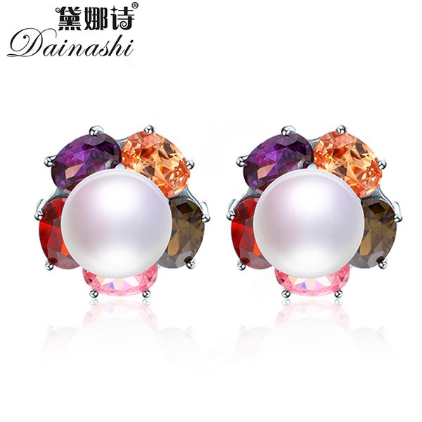 

dainashi 100% genuine natural freshwater pearl stud earrings 925 sterling silver colorful zircon earrings for women, Golden;silver