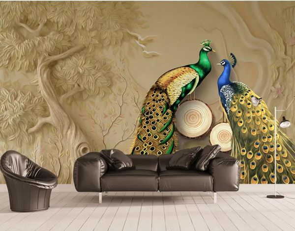 

custom wall mural modern art painting mural wallpaper 3d embossed big tree peacock background wall painting