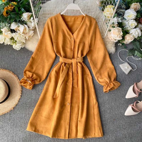 

singrain women corduroy dress vintage autumn winter streetwear party solid dress v neck french elegant romantic midi long, Black;gray