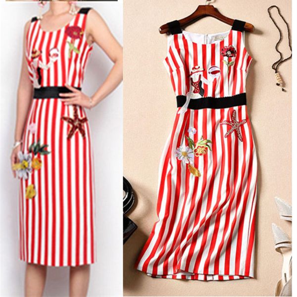 

brand design summer women dress sleeveless luxury embroidey vintage red strip bohemian knee-length party dresses vestidos ns406, Black;pink