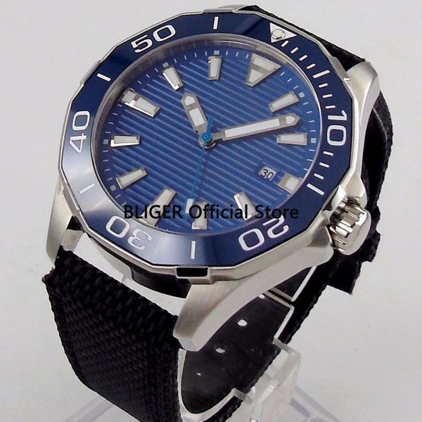 

45mm blue sterile dial men's watch ceramic rotating bezel stainless steel case leather strap luminous miyota automatic movement, Slivery;brown