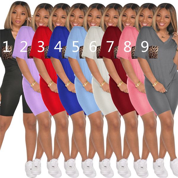

s-2xl summer tracksuit solid color for women girls v-neck leopard patchwork t shirts + shorts 2 piece brand sports designer outfits d52201wf, Gray