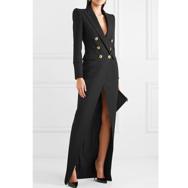 

suit dress for women 2020 spring turn-down collar office lady dress double-breasted commute floor length long dresses, Black;gray