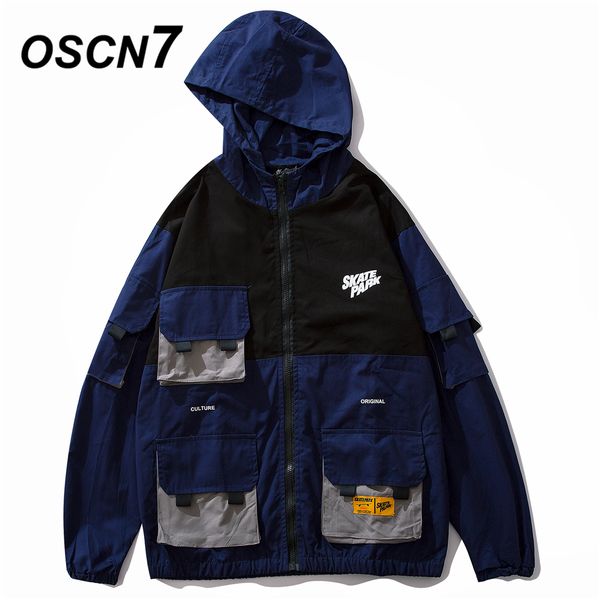 

oscn7 hip hop contrast color hooded jackets men 2019 new streetwear loose casual women windbreaker jackets bomber coat 9117, Black;brown