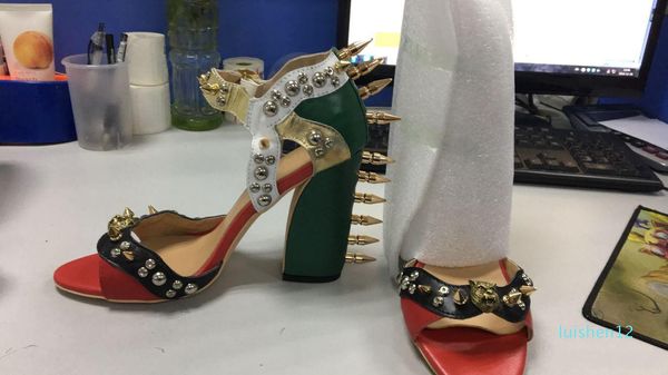 

2017 gladiator lion head spike rivet chunky high heel shoes women party shoes l12, Black