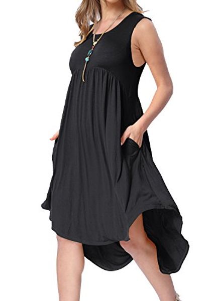 

levaca womens summer plain sleeveless pockets high low casual swing midi dress, Black;gray