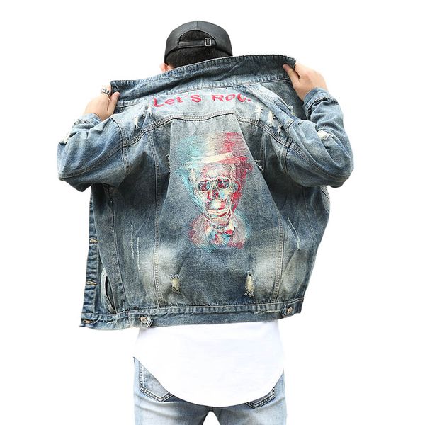 

streetwear style frayed hole skulls denim jackets men vintage lets rock embroidery cowboy coat loose outerwear, Black;brown