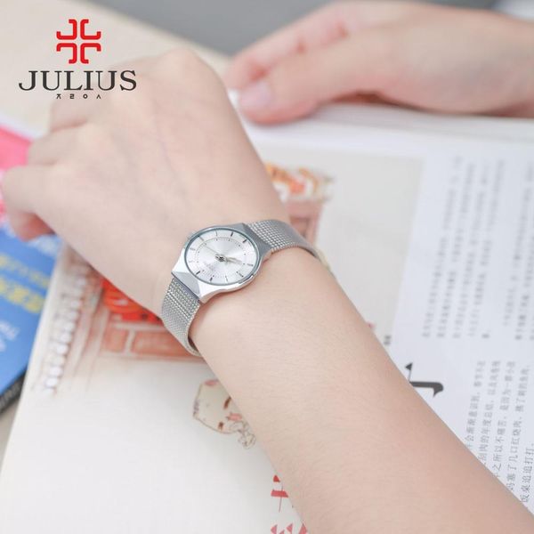 

julius 2020 fashion casual luxury watch brand logo men's watch silver black ultra thin mesh full steel quartz waterproof ja-577, Slivery;brown