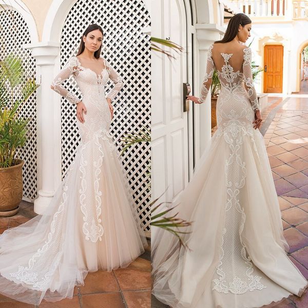 

2019 mermaid wedding dresses sheer neck long sleeves lace bridal gowns long sleeves covered button back beach wedding dress plus size, White