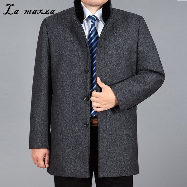 

2019 winter fashion mandarin fur collar smart casual men overcoat cashmere middle age clothing, Black