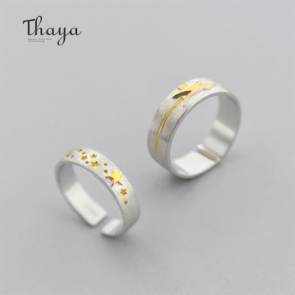 

thaya golden stars 3d trail chaser ring 100% 925 sterling silver female gold concave ring elegant jewelry for women gift, Golden;silver