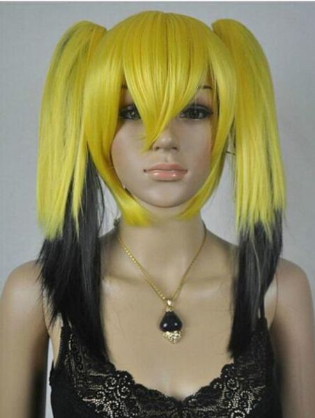 Бесплатно SHIPPIN + + новый парик косплей светло-желтый / черный смешанный прямой средний парик + Два хвоста f
