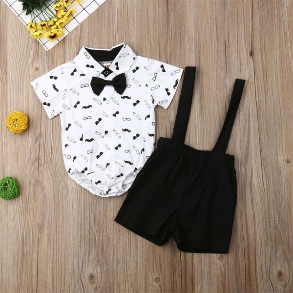 

0-24m newborn baby boy clothes sets wedding christening formal party bow tie romper +overalls shorts suit outfit tuxedo, White