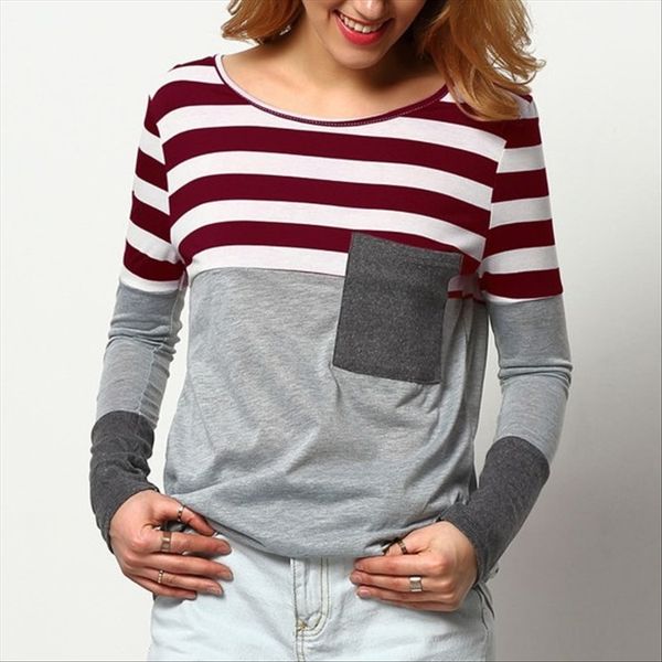 

three-color mosaic striped long-sleeved mid-length t-shirt three-color mosaic striped long-sleeved mid-length t-shirt, White