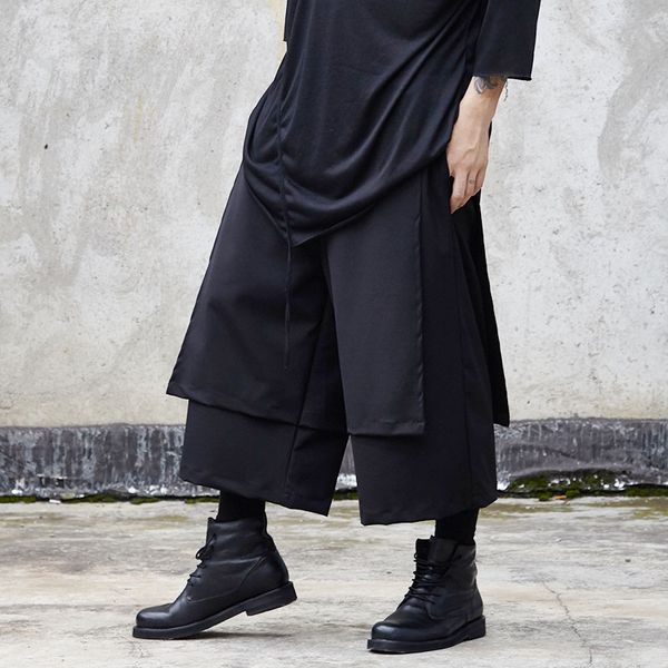 

men's pants men spliced elastic waist loose casual straight wide leg male streetwear hip hop punk gothic harem pant skirt trousers, Black