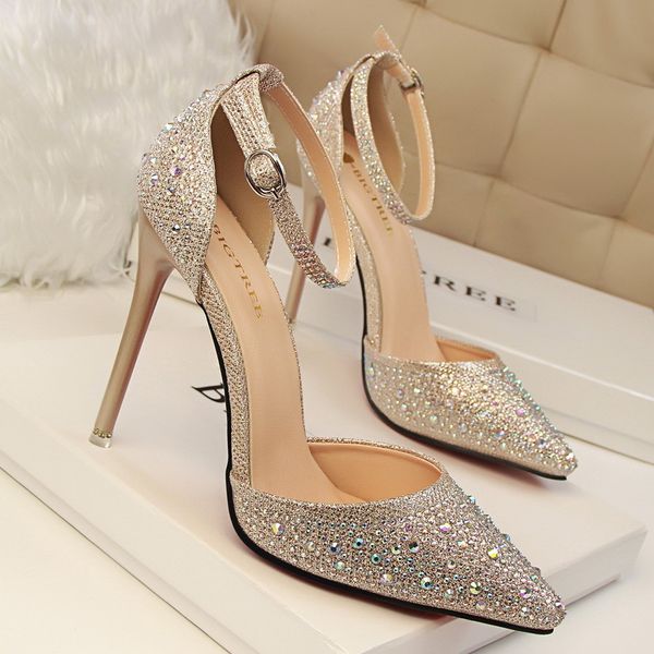 

sexy2020 305-3 korean twinkle rhinestone fine high with shallow mouth sharp hollow out one word bring sandals sweet princess shoe, Black