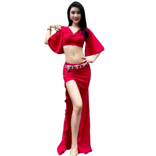 

belly dance costume set for women red yellow bellydance long skirt flared sleeve dancing outfits exotic dancewear dc1255, Black;red