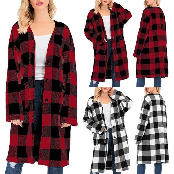 

abrigos mujer invierno 2020 women plaid button loose long sleeve pocket jacket chaqueta mujer manteau femme winter coat women, Black