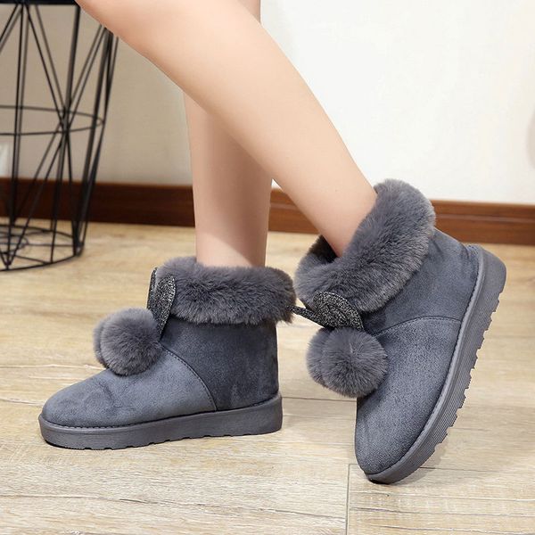 

new women snow boots female fur ball winter boots home cotton shoes warmer plush bowtie fur suede flat slip on ankle snow, Black