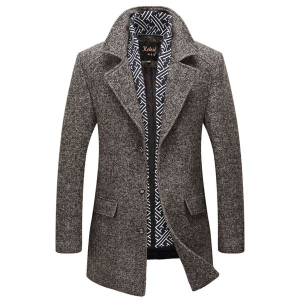 

autumn men's long woolen coat scarf collar warm windbreaker thick outwear, Black