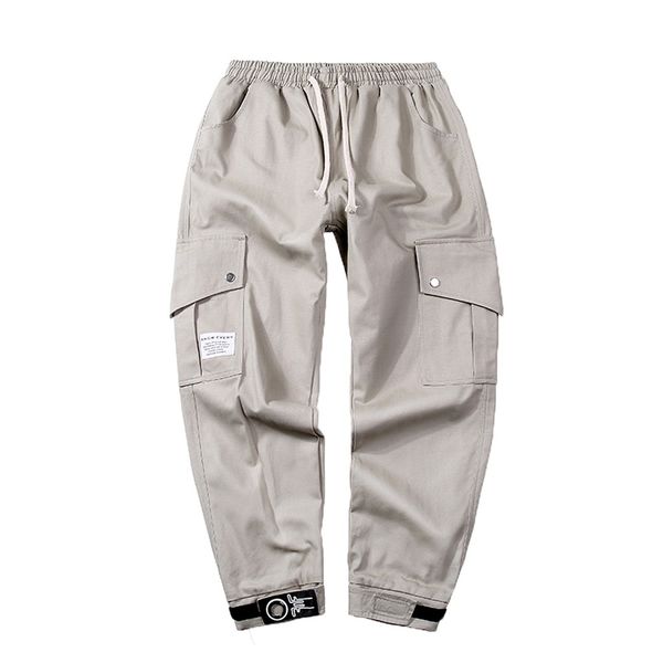 

mutil summer loose drawstring men pants pocket solid cargo pants men trousers casual streetwear long pantalon homme fhdso, Black
