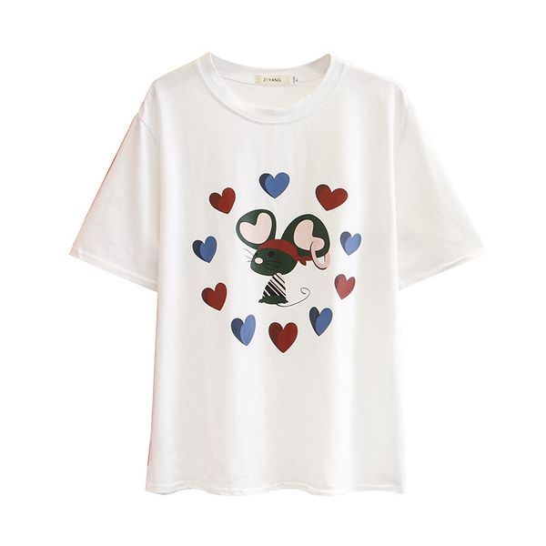 

women's t-shirt women summer lady tees female short sleeve mouse print fashion plus size a23-0070, White