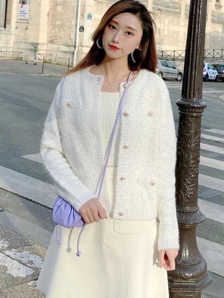 

сплошной цвет женщины трикотажного кардиган с длинным рукавом однобортного o-образный вырез повседневный свитер, White