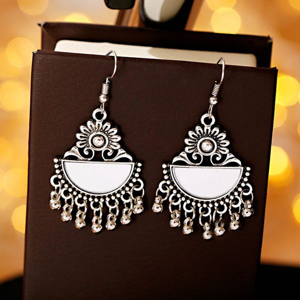 

retro sliver color fan-shaped mirror dangle indan earrings for women bohemian ethic bell tassel jhumka earrings gypsy jewelry, Silver