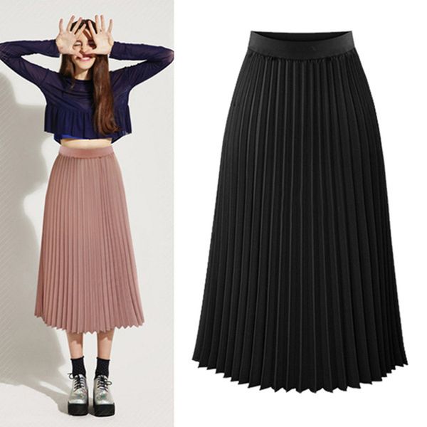 

fashion autumn summer women skirts high thick breathble waist pleated length skirt, Black