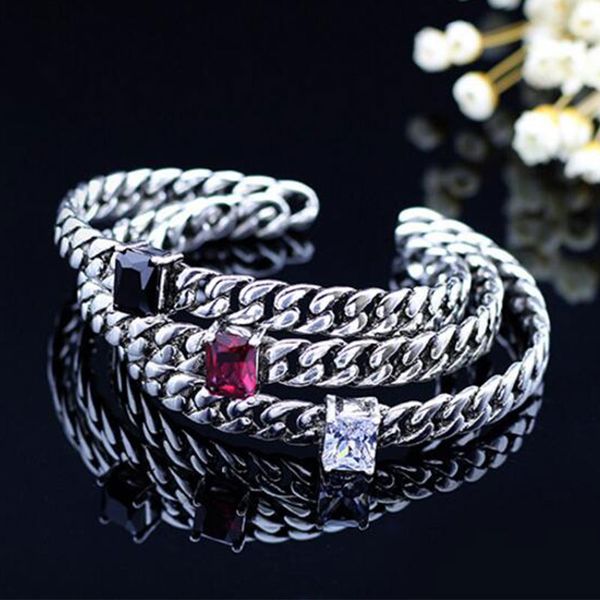 

anenjery 925 sterling silver jewelry thai silver bangle punk zircon rope chian cuff bracelets & bangles pulseras s-b109, Black