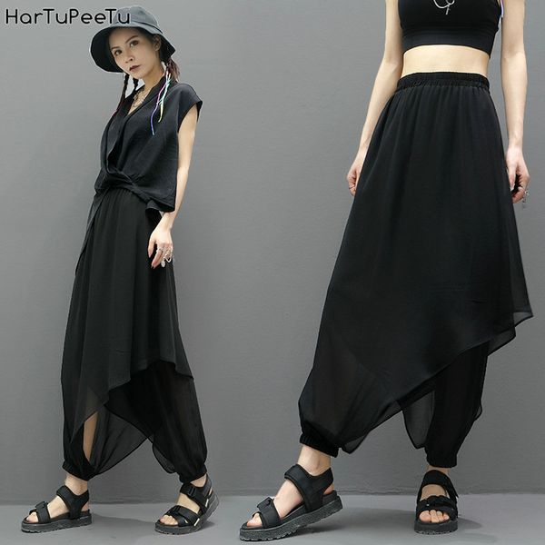 

women wide leg trouser cool summer wear with inner anti-glare plus size loose casual middle waist harem pants streetwear style, Black;white