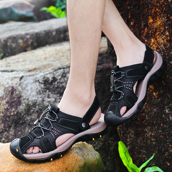 

new 2020 men shoes genuine leather men sandals summer beach sandals man fashion outdoor casual sneakers big size 38-47, Black