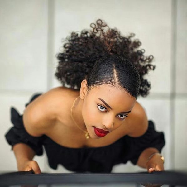 

3b 3c kinky curly clip in ponytail human hair extensions brazilian hair products drawstring ponytail natural color remy 120g for girls, Black